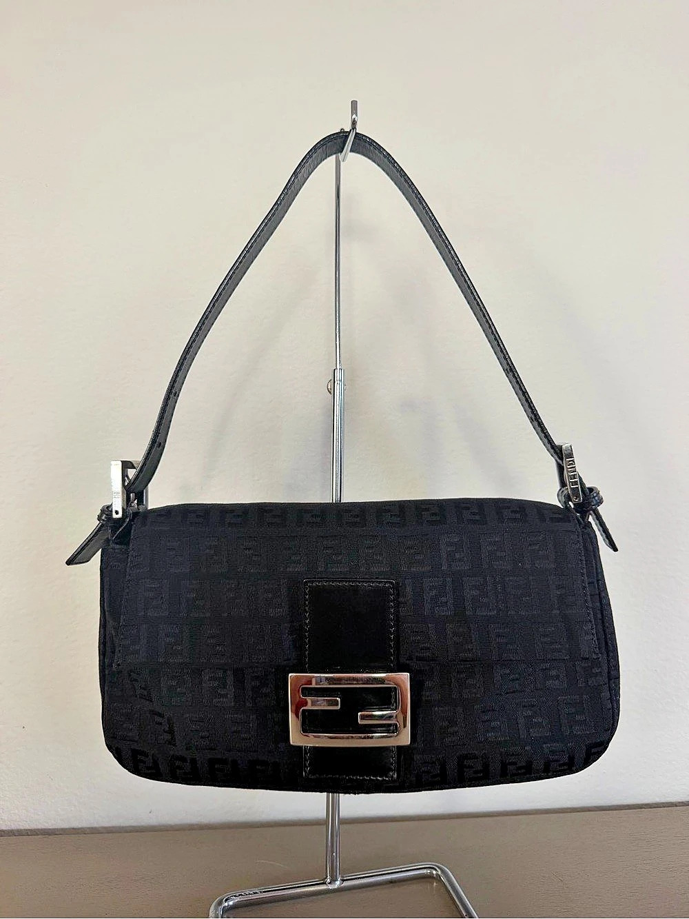 Fendi Zucca Canvas Baguette Black Monogram Shoulder Bag
